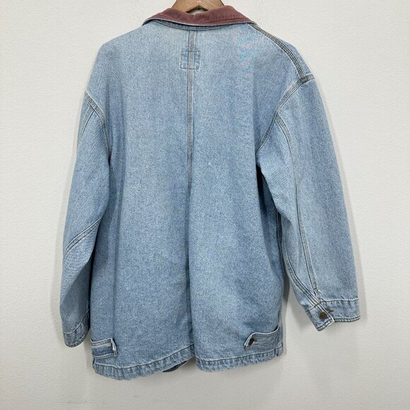 Vintage 90s Women's‎ Size XL Denim Trench Chore Coat Light Wash Contrast Collar - Picture 3 of 10